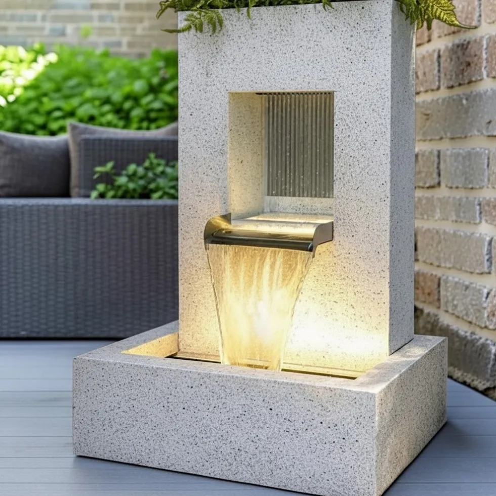 Architektonisches Highlight für den Garten: Exklusiver LED-Wasserfall-Brunnen mit integriertem Pflanzkübel Höhe 83 cm