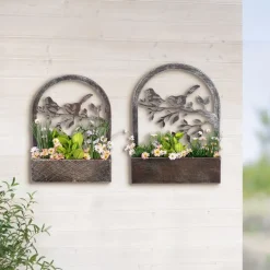 Blumenkasten hängend Metall 2er Set Vögel auf Zweig Höhe 53 cm