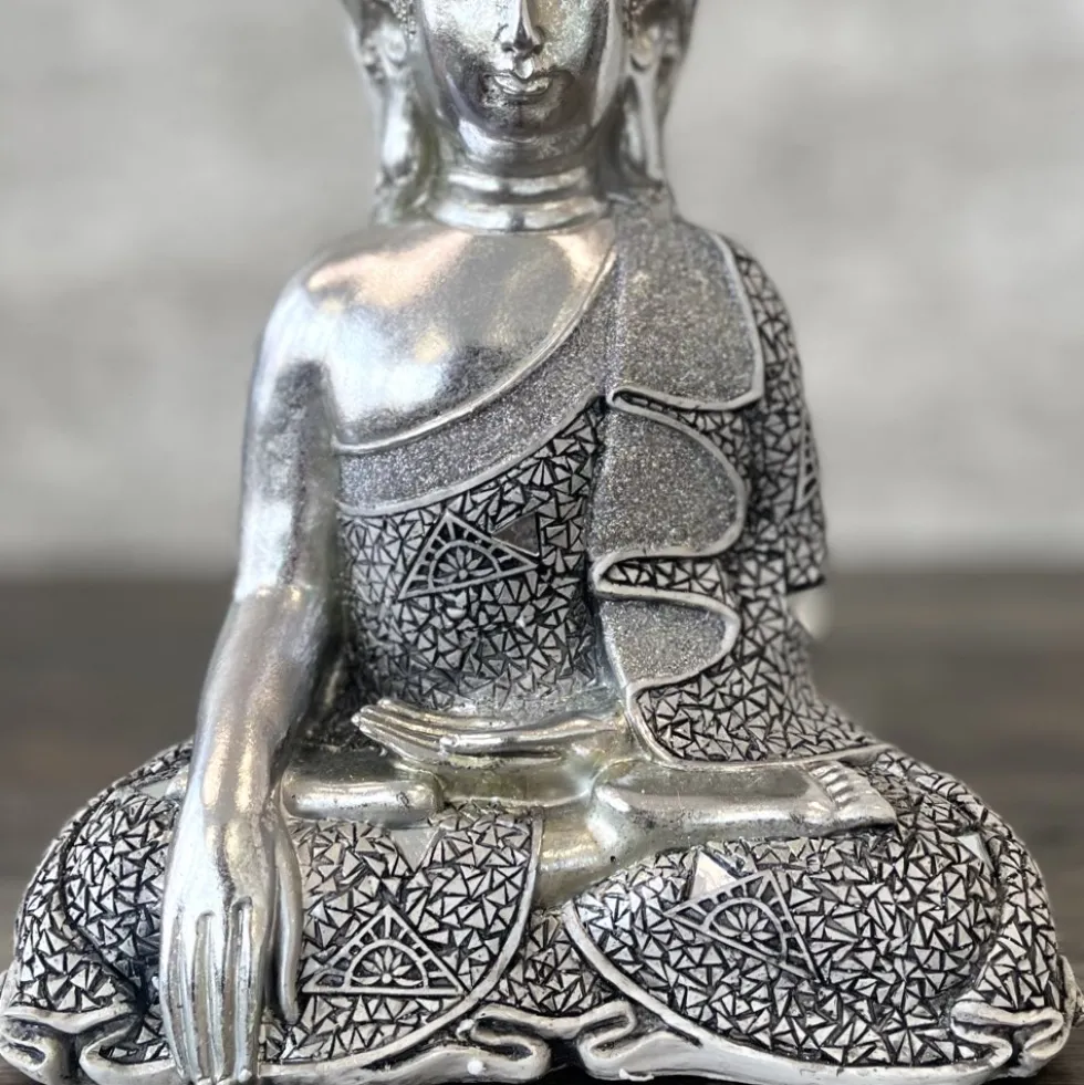Buddha Figur silber sitzend Höhe 42 cm