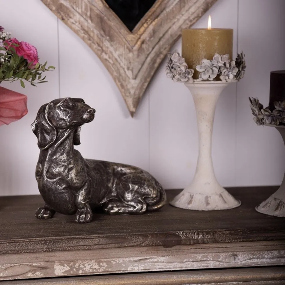 Dackel Deko Figur silber Länge 27 cm