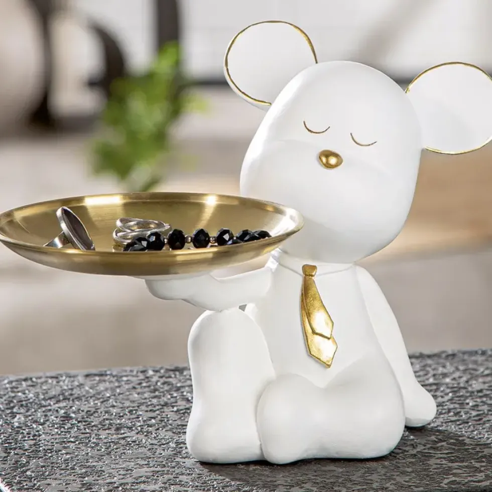 Deko Figur Bär mit Schale Bruno mit Krawatte weiß gold Höhe 19 cm