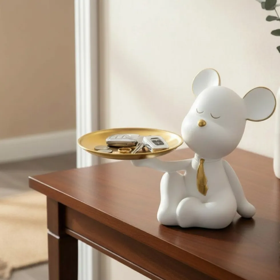 Deko Figur Bär mit Schale Bruno mit Krawatte weiß gold Höhe 19 cm