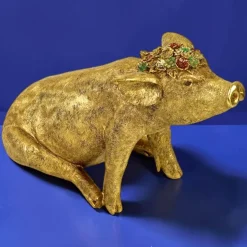 Deko Figur Schwein gold mit Blumenkranz Werner Voß