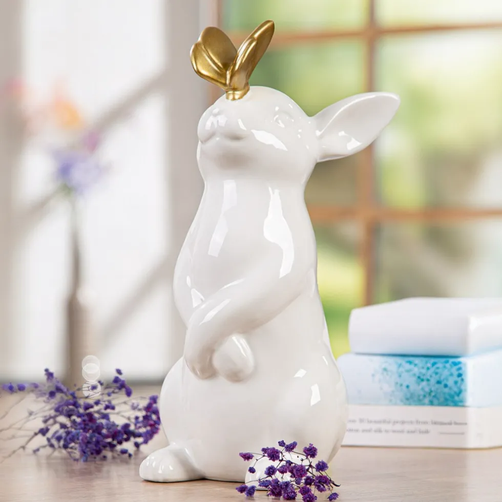 Deko Osterhase FENJA mit Schmetterling weiß gold H 30 cm