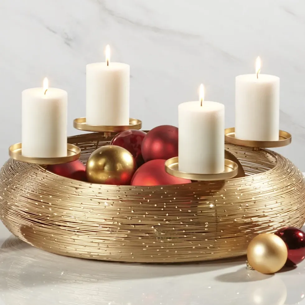 Design Metall Adventskranz Gold | Ø 40 / 50 cm | Moderner Drahtgeflecht-Kerzenhalter