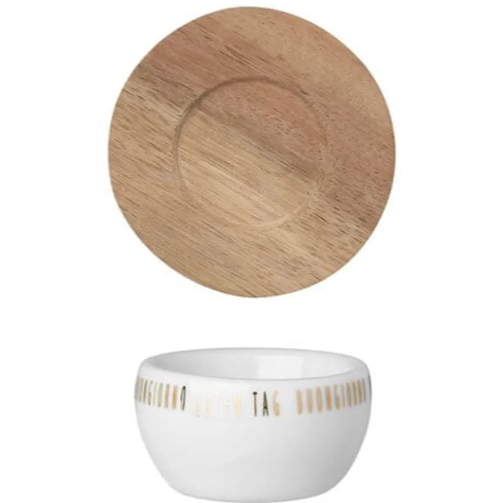 Eierbecher Porzellan weiß Räder GOOD DAY mit Holzteller H 3,5 cm