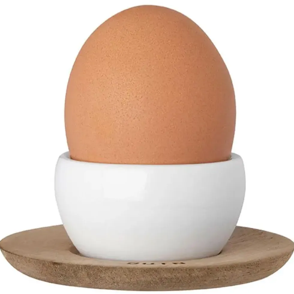 Eierbecher Porzellan weiß Räder mit Holzteller GUTN H 3,5 cm