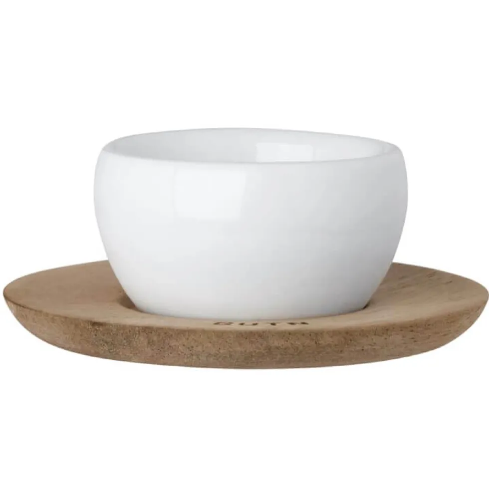 Eierbecher Porzellan weiß Räder mit Holzteller GUTN H 3,5 cm