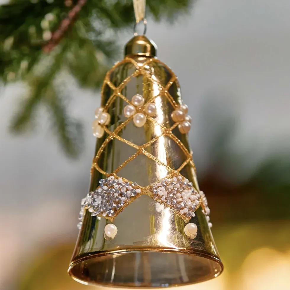 3er Set Glasanhänger Glocke gold weiß 12 cm