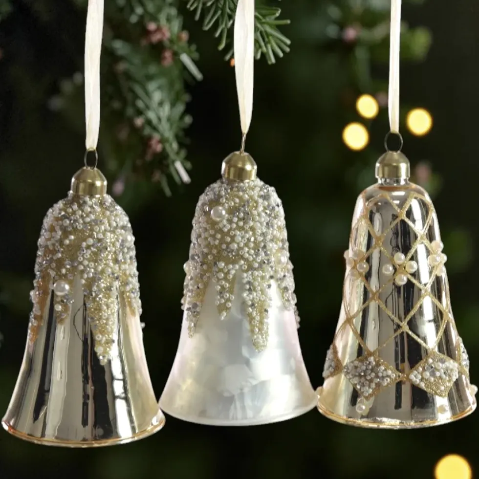 3er Set Glasanhänger Glocke gold weiß 12 cm