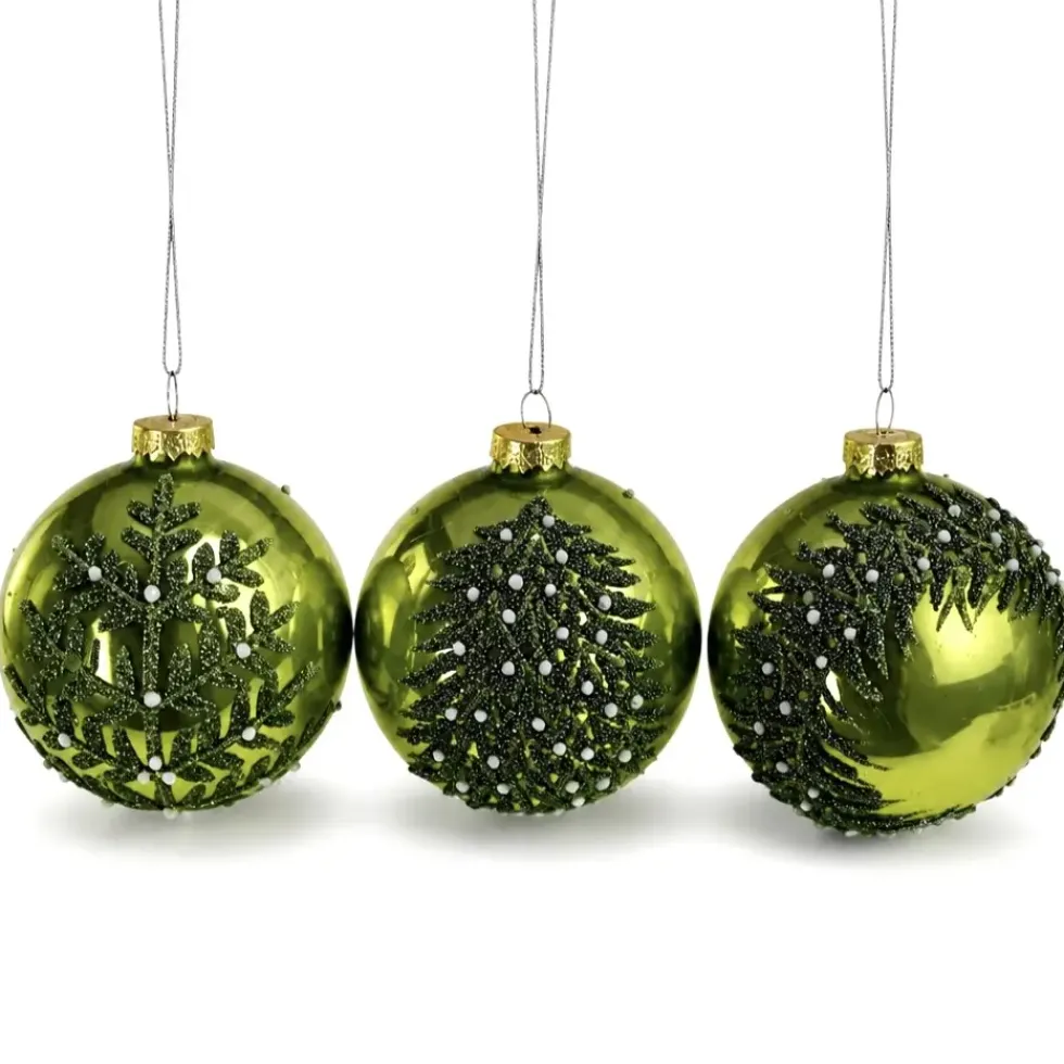 3er Set Glas-Weihnachtskugel mit Motiv grün