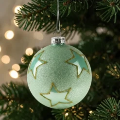 6er Set Glas-Weihnachtskugel mit Stern grün