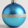 6er Set Weihnachtskugeln Glas blau Seoul mit Glitzerstreifen 8 cm