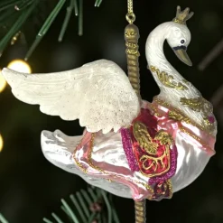 Gift Company Christbaumschmuck Karussell Schwan | Edler Glas-Anhänger Weiß / Rosa