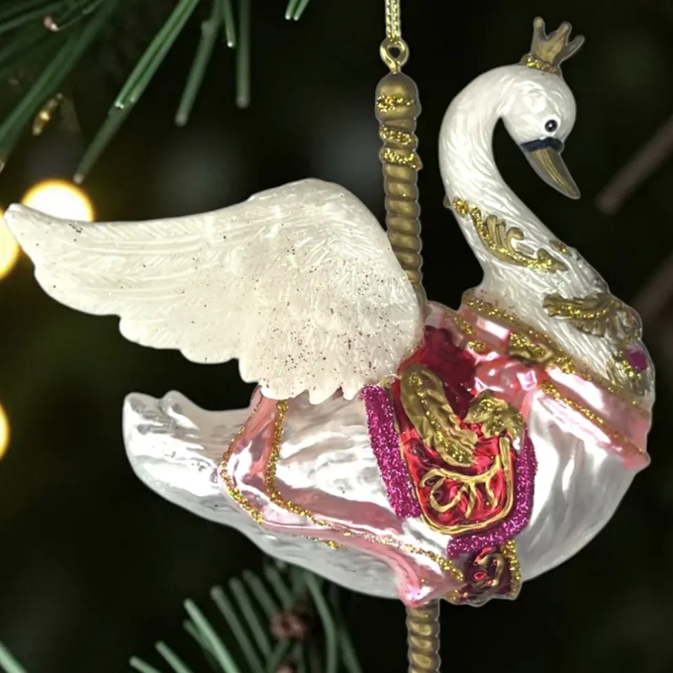 Gift Company Christbaumschmuck Karussell Schwan | Edler Glas-Anhänger Weiß / Rosa