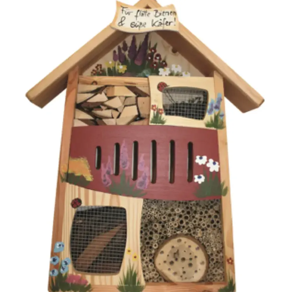 Großes Insektenhotel – Für flotte Bienen & süße Käfer von Vogelvilla – Handbemaltes Insektenhaus Rot – Höhe 58 cm