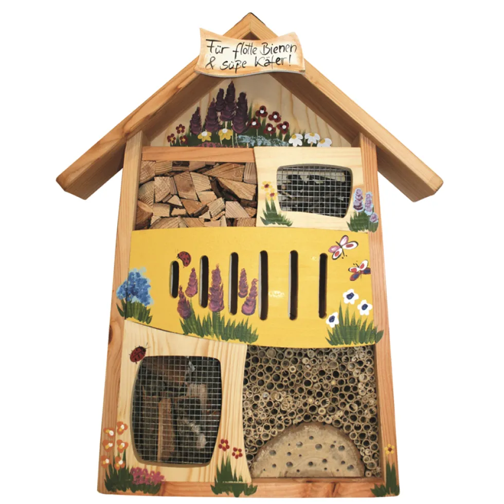 Insektenhotel Insektenquartier groß – Für flotte Bienen & süße Käfer – Vogelvilla gelb Höhe 58 cm