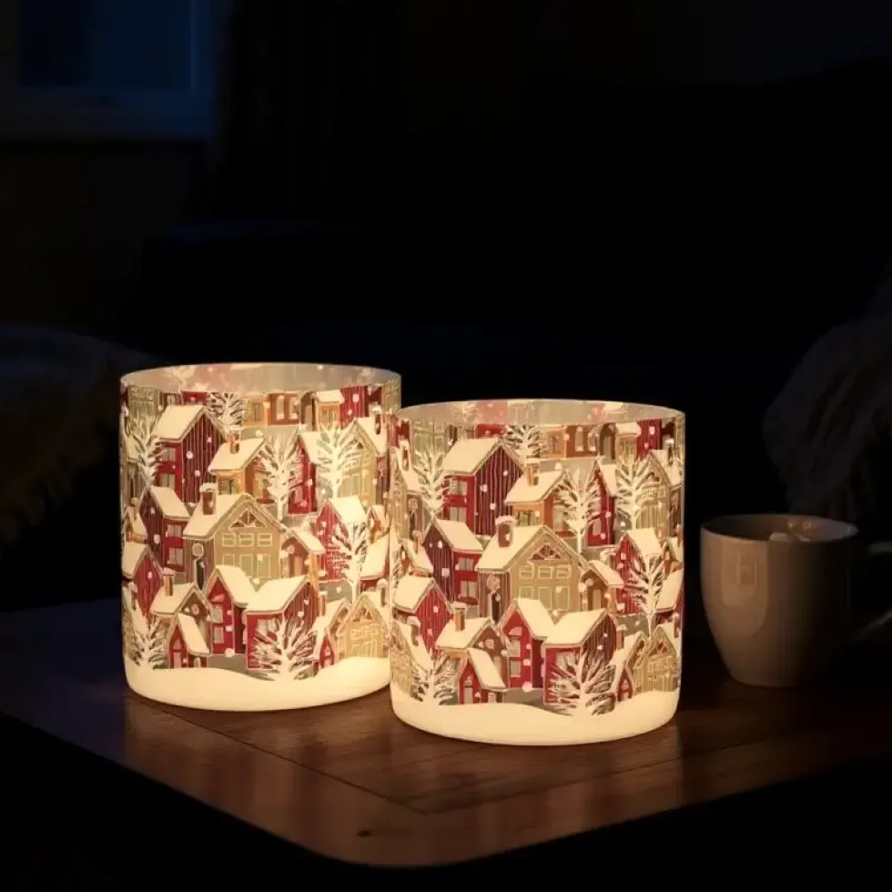 Kaheku Windlicht groß Glas Havaro Häuser rot 25×25 cm