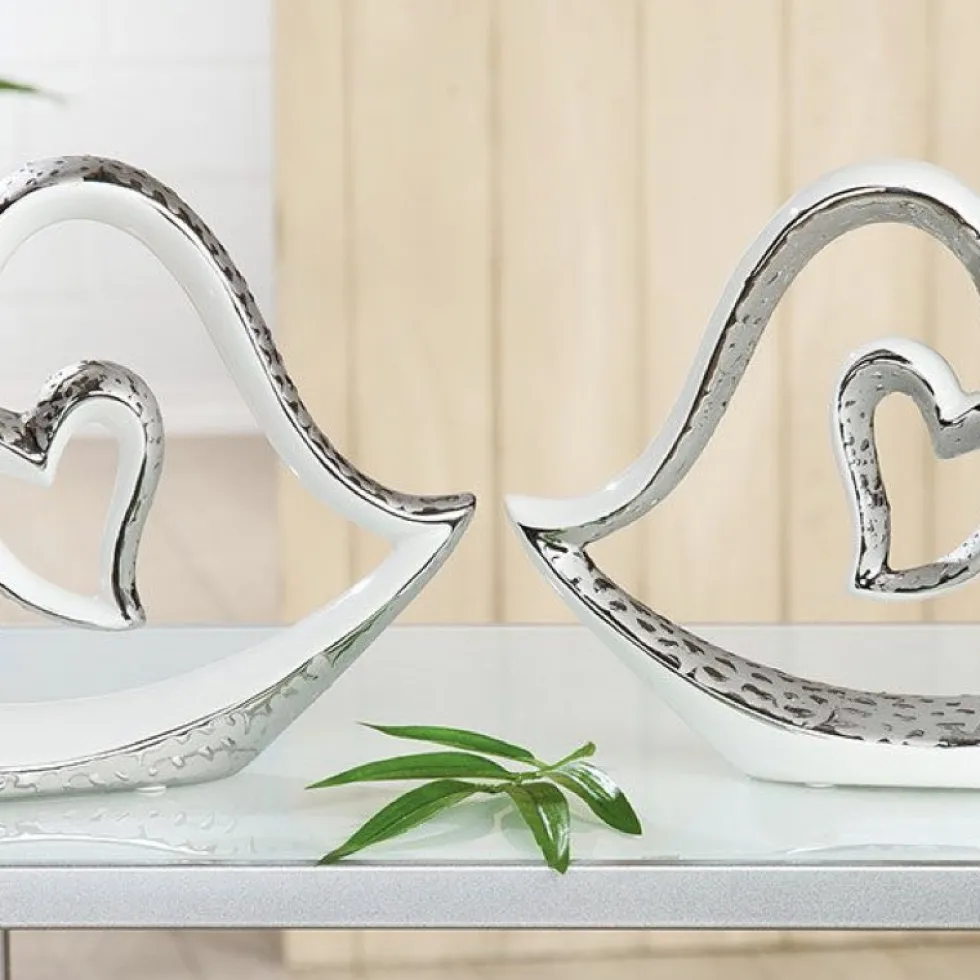 Keramik Skulptur Herz im Herzen weiß silber Höhe 20 cm