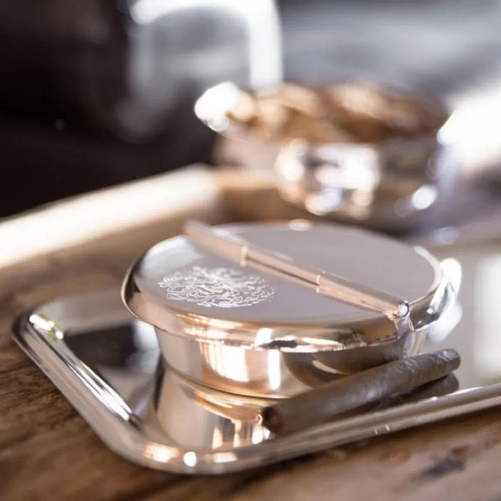 Klapp Aschenbecher mit Deckel Herald Edzard schwerversilbert