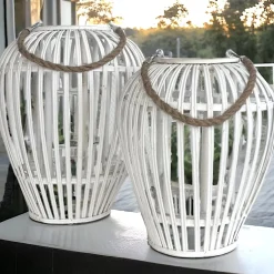 Laterne aus Weide weiss mit Glaseinsatz Höhe 37cm