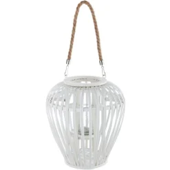 Laterne aus Weide weiss mit Glaseinsatz Höhe 37cm