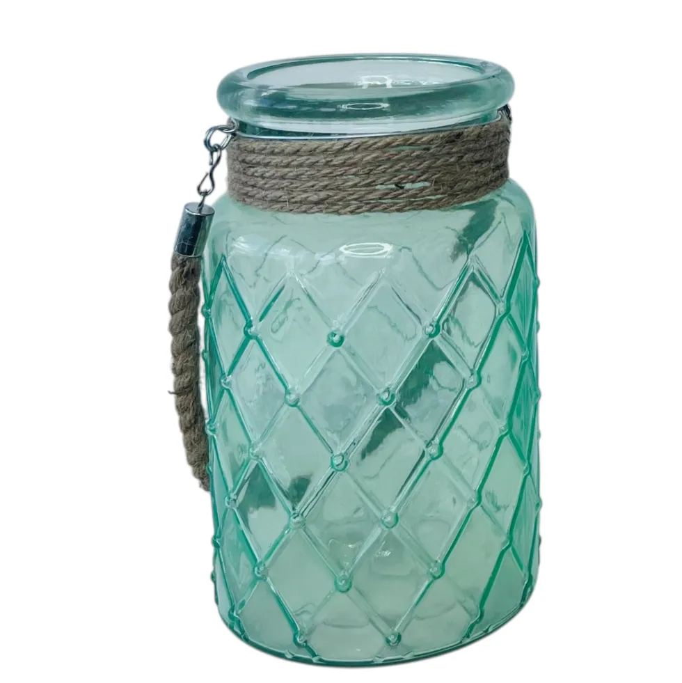 Laterne Windlicht Glas mit Jute Henkel MARINA grün H 25 cm