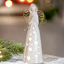 LED Porzellan Engel Figur Deko Nanto Höhe 28 cm