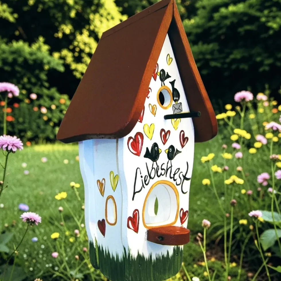 Liebevolle Handwerkskunst für Ihren Garten: Exklusives Vogelhaus Liebesnest mit Ständer