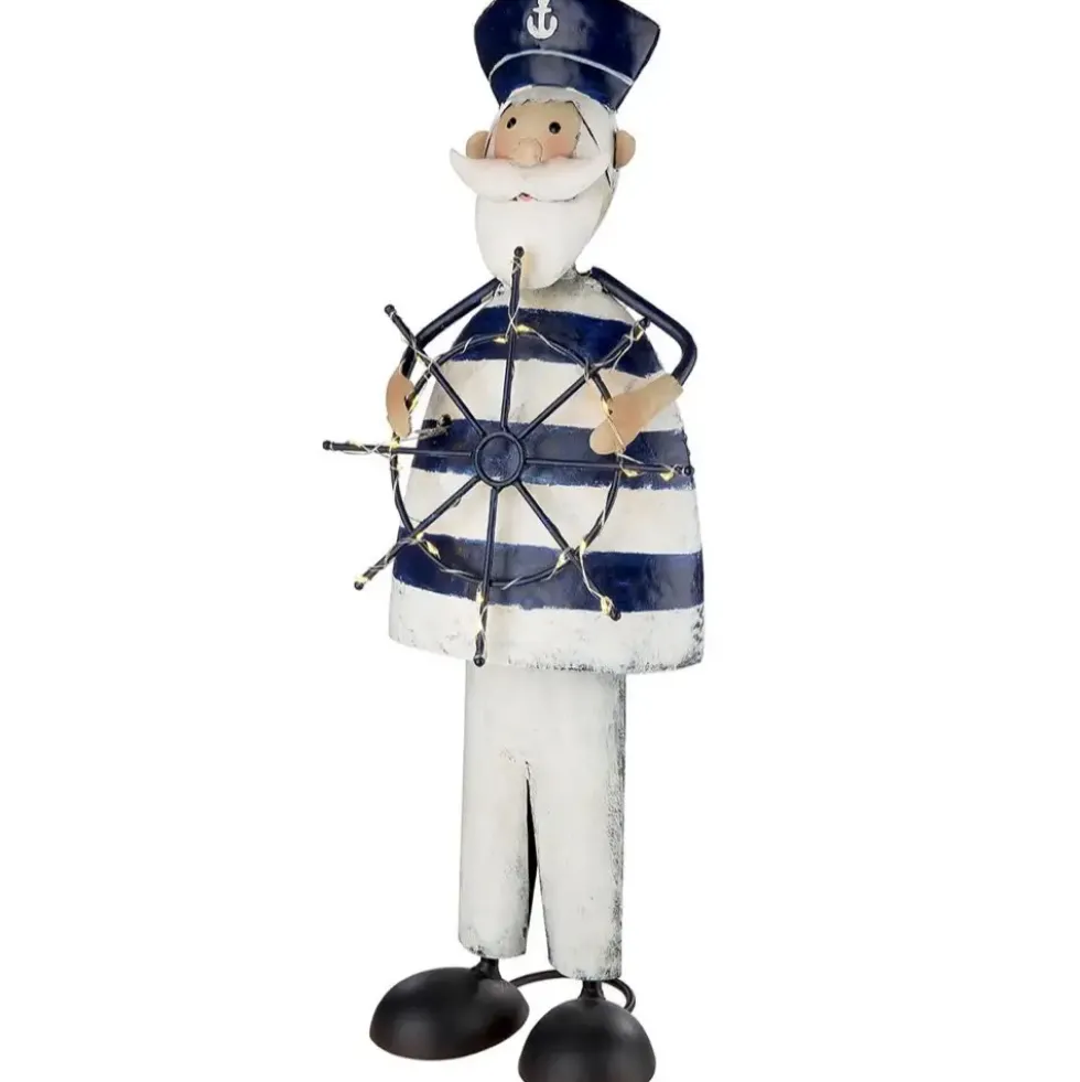 Metallfigur Maritim Kapitän Bjarne mit Steuerrad LED beleuchtet Höhe 43 cm