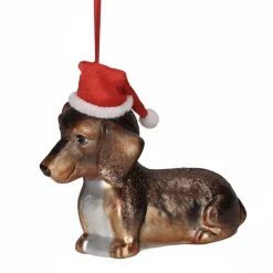 Mundgeblasener Christbaumschmuck Dackel mit Weihnachtsmütze – Edler Glas-Anhänger Braun