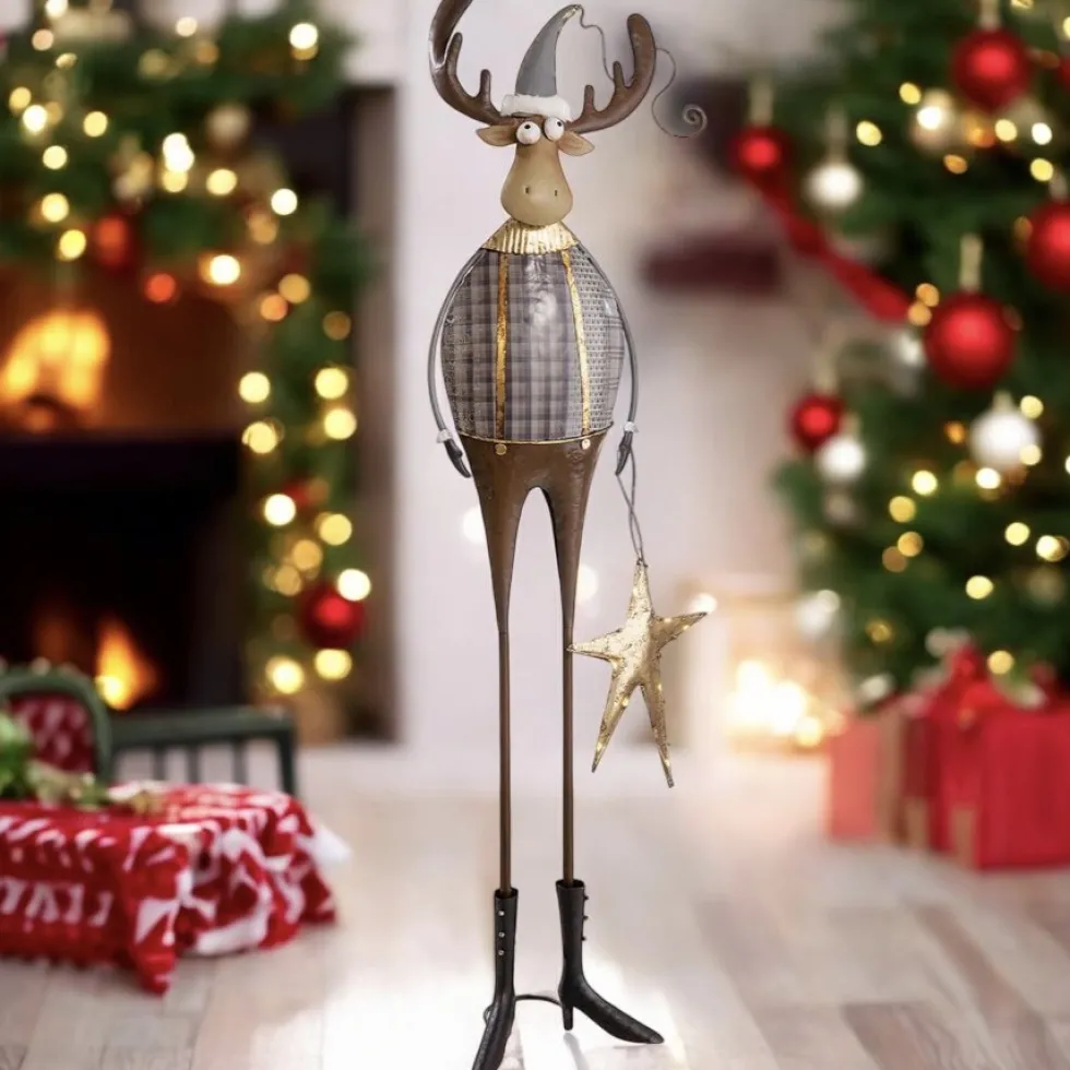 Rentier Weihnachten Deko Metall mit LED Stern Höhe 95 cm