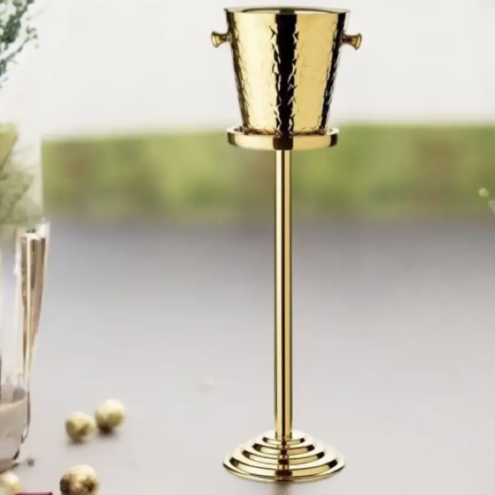 Sektkühler mit Ständer CAPRI Edzard Hochglanz goldfarben gehämmert Höhe 83 cm