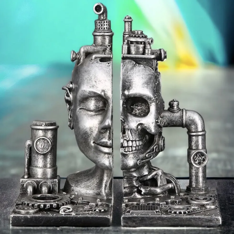 Skulptur Steampunk Deko Buchstütze Skull silber 2-teilig Casablanca Höhe 23 cm