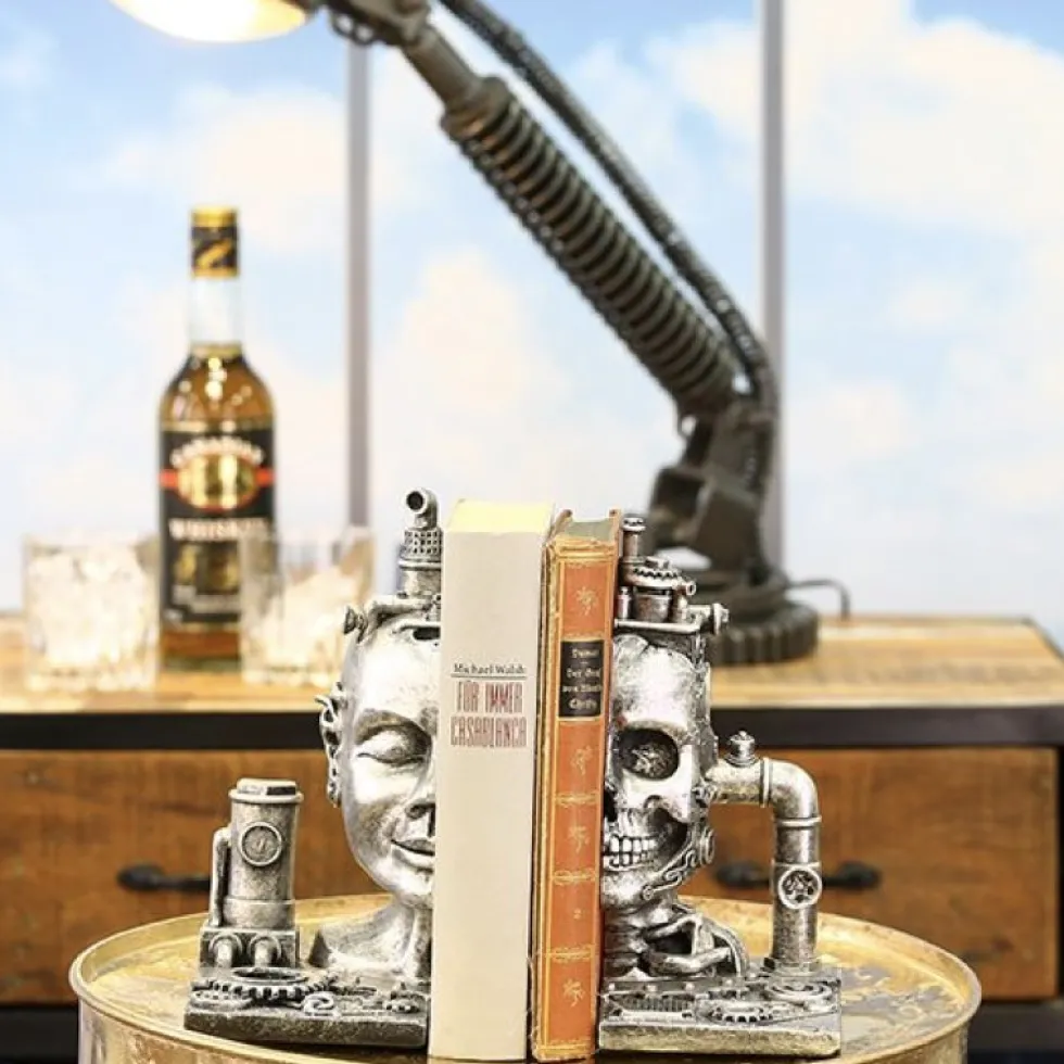 Skulptur Steampunk Deko Buchstütze Skull silber 2-teilig Casablanca Höhe 23 cm