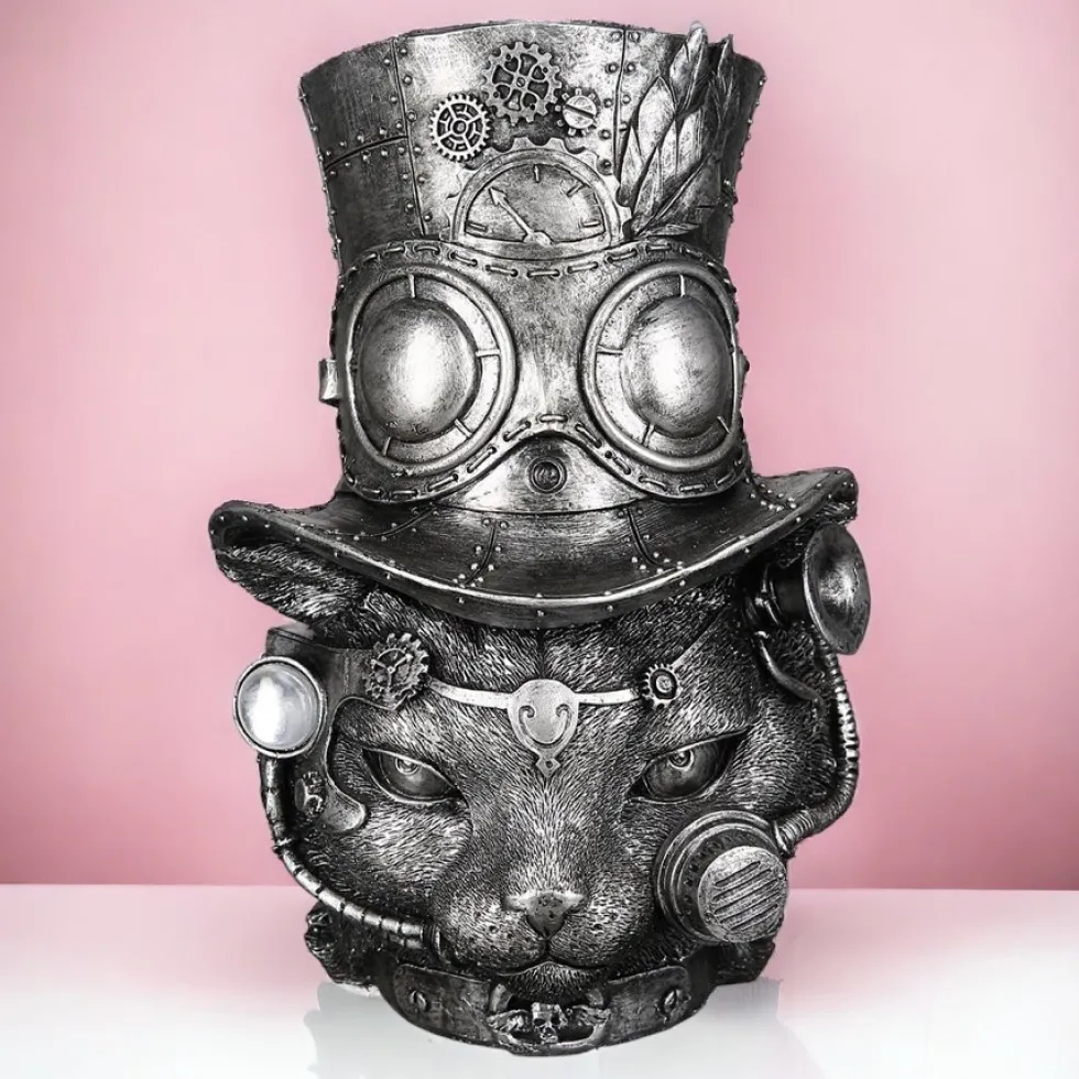 Skulptur Steampunk Deko Figur Tomcat silber Höhe 24 cm