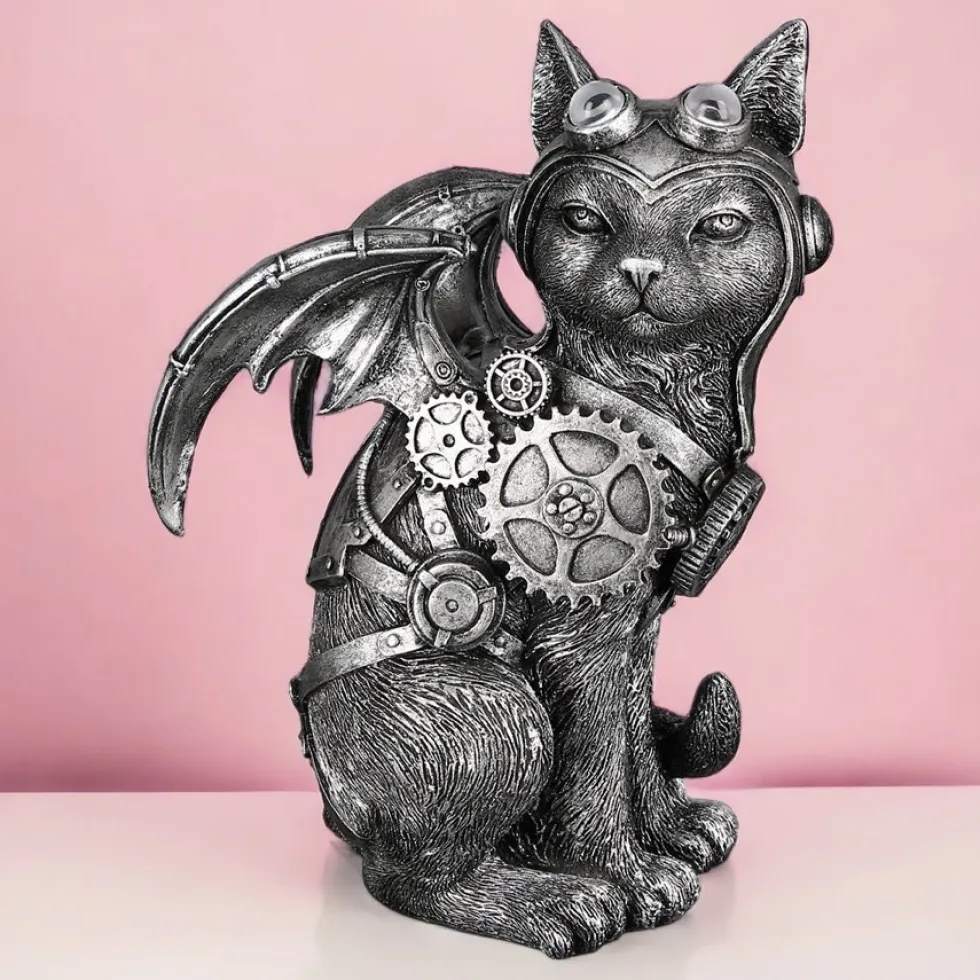 Skulptur Steampunk Deko Figur Cat silber Höhe 24 cm
