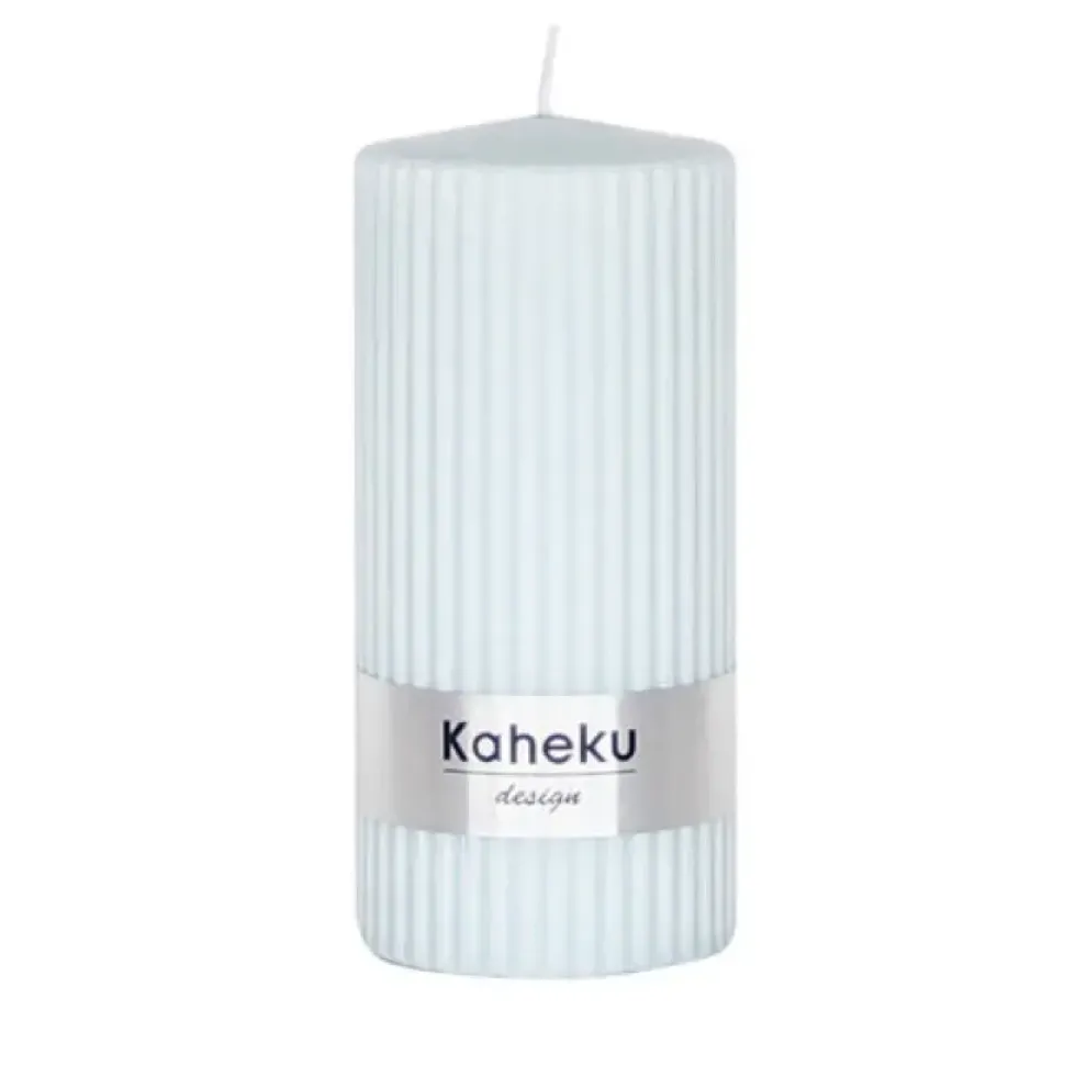 Stumpenkerze blau 4er Set Powder Kaheku Rillenstruktur 7×15 cm