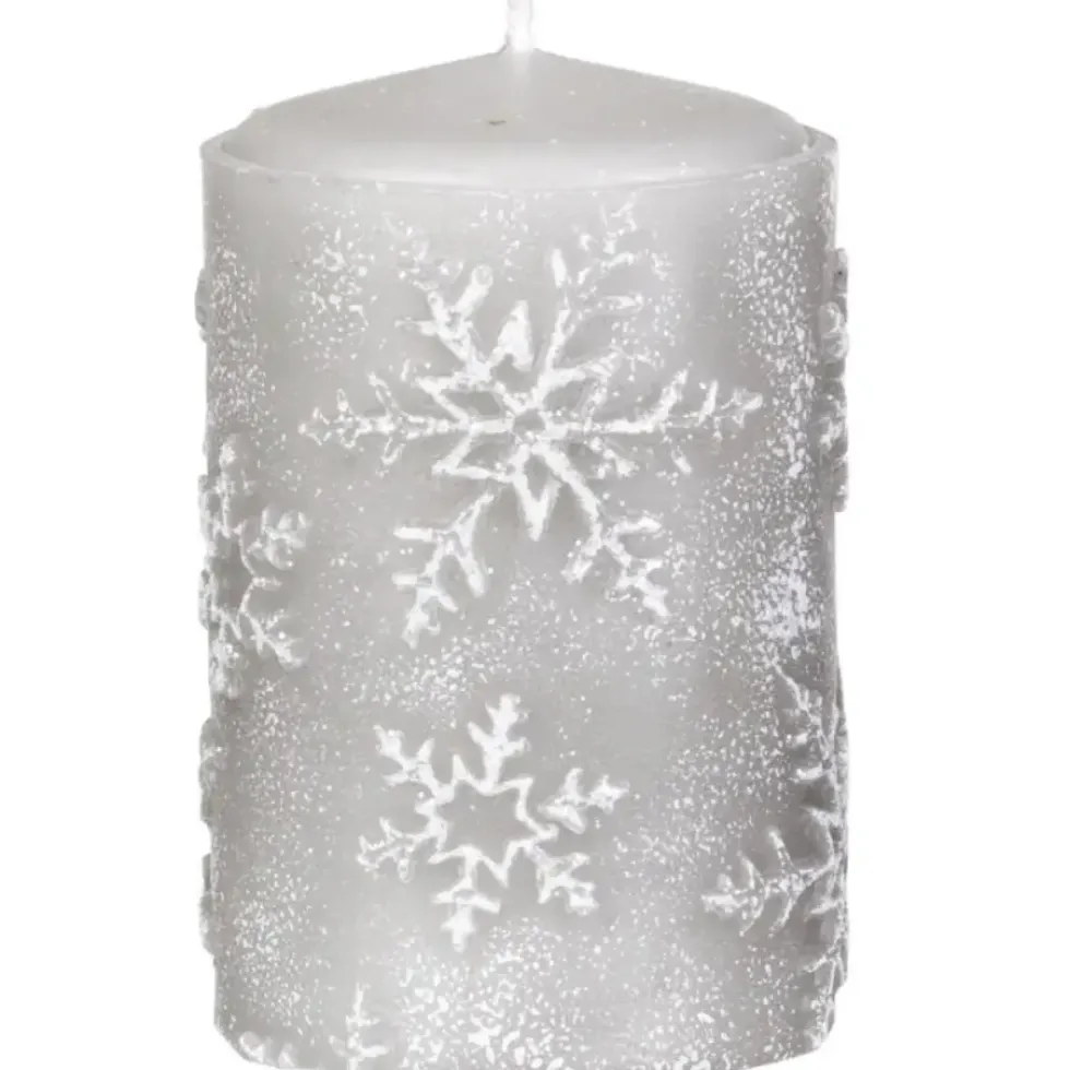 Stumpenkerze grau mit Schneeflocken 4er Set Elsa