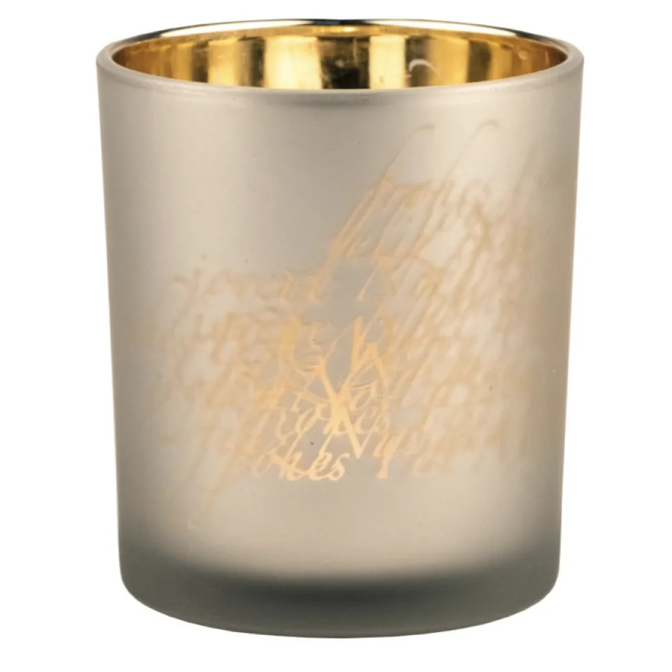 Teelichtglas Weihnachten Schrift Räder beige gold Höhe 10 cm