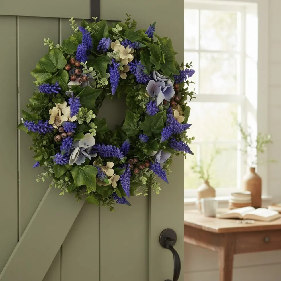 Türkranz Blumenkranz mit Traubenhyazinthen blau Durchmesser 38 cm