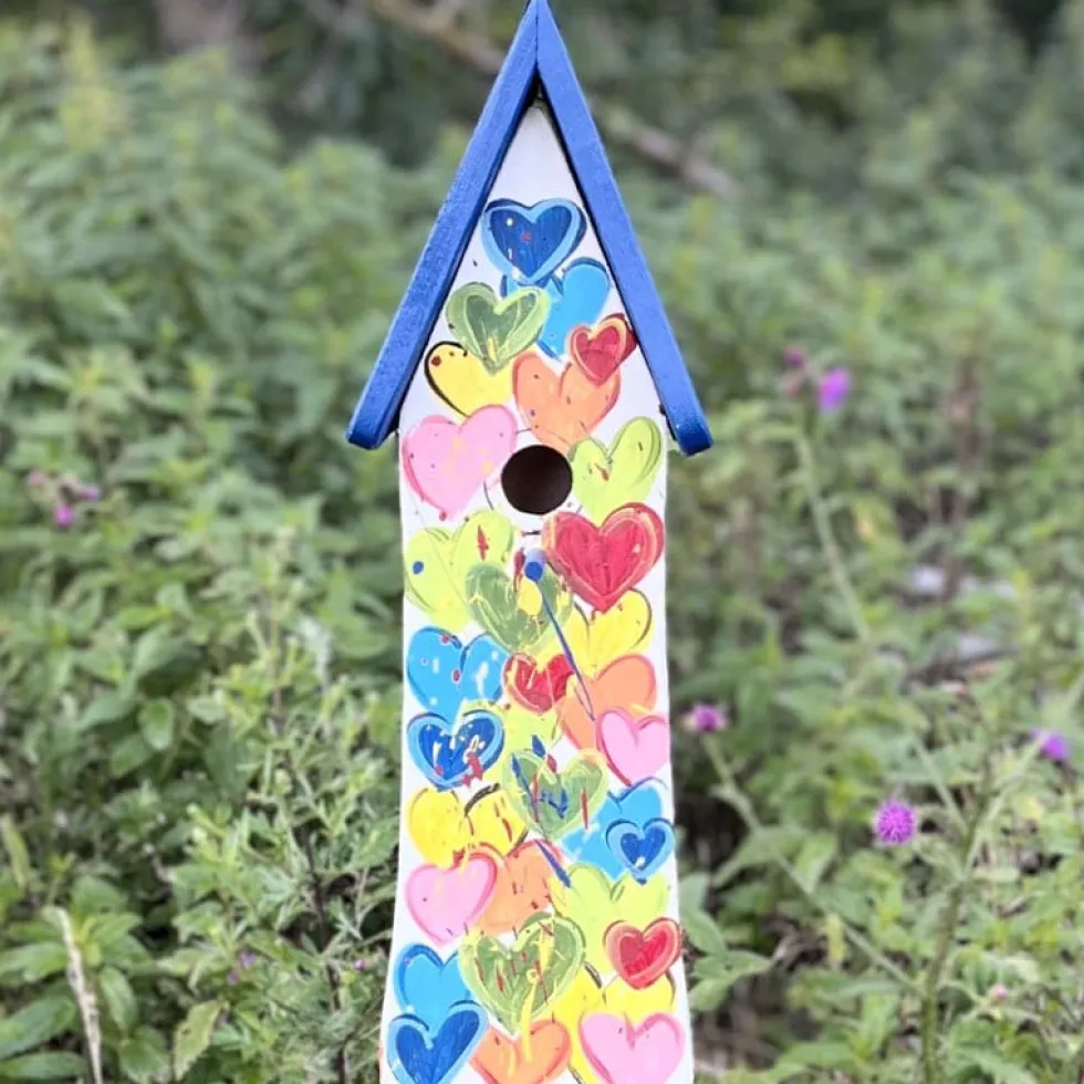Vogelhaus Nistkasten mit Ständer bunt HERZIG Vogelvilla Höhe 43 cm