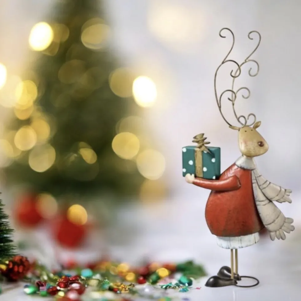 Weihnachtsfigur Metall Deko Rentier mit Geschenk Höhe 89 cm