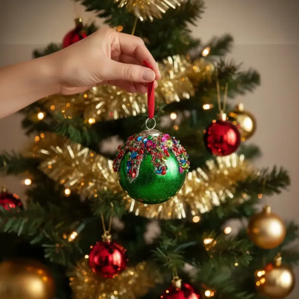 Weihnachtskugel mit Perlenschmuck Werner Voß grün Durchmesser 10 cm