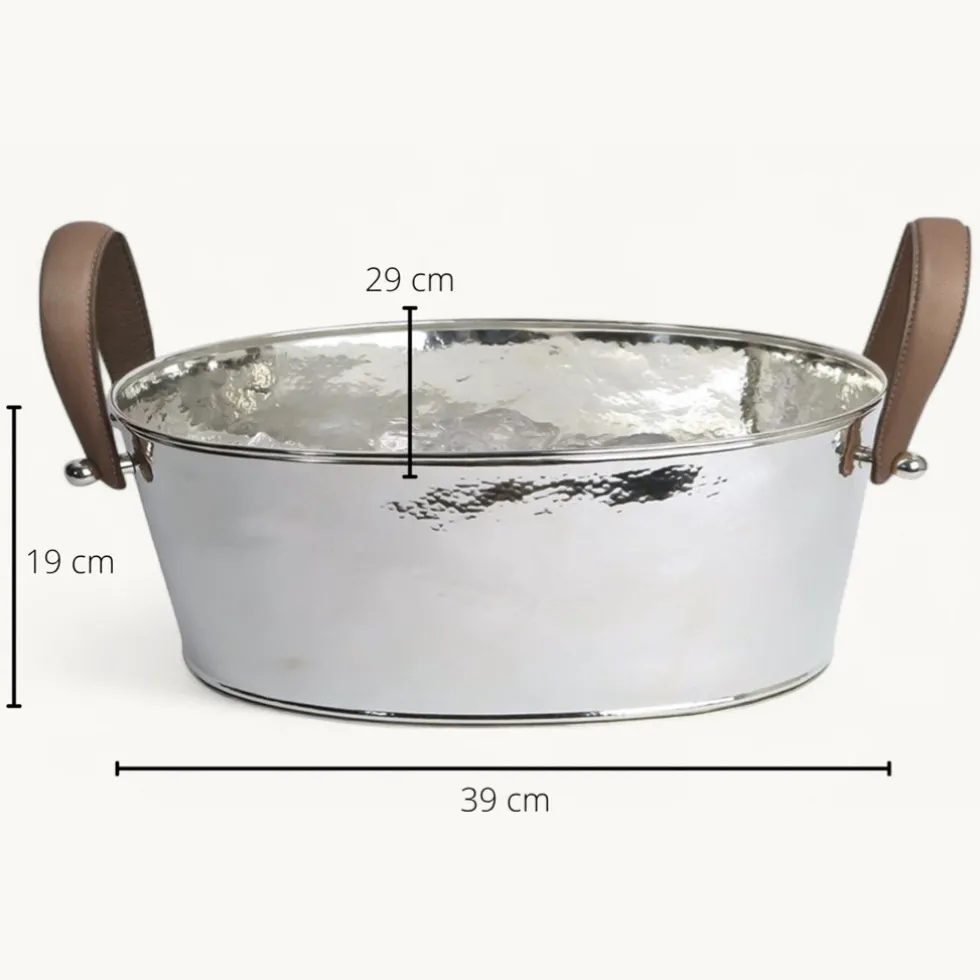 Weinkühler silber mit Lederhenkel Edzard GAVIN braun Durchmesser 39 cm