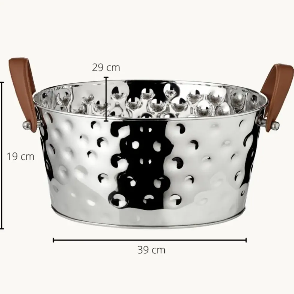 Weinkühler silber mit Lederhenkel Edzard GIDEON braun Durchmesser 39 cm