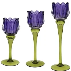 Windlicht Glas Tulpe lila/grün 3er Set