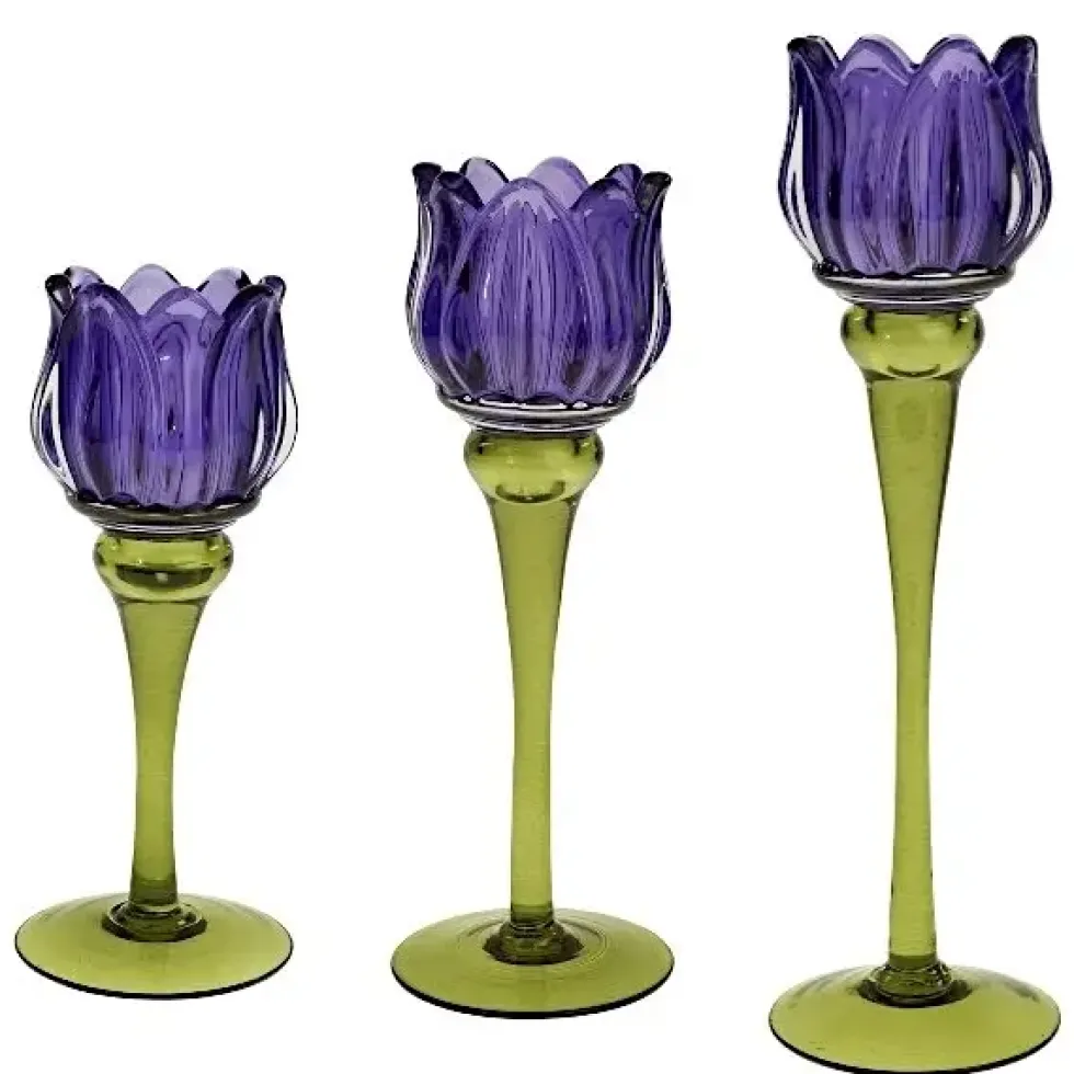 Windlicht Glas Tulpe lila/grün 3er Set